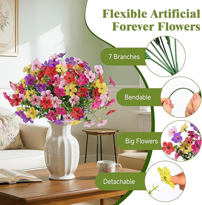 Alupssuc 20 Bundles Artificial Flowers for Outdoor Indoor Decoration, UV Resistant No Fade Fake Plants Eucalyptus, Colorful Faux Spring Flowers for Outside Yard Porch Patio Garden Home Window Box