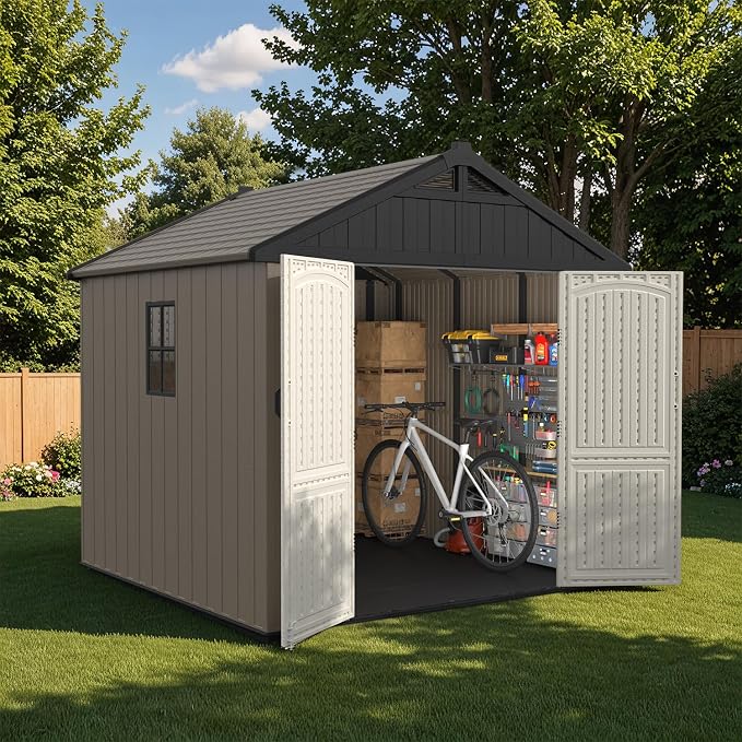 Patiowell 8 x 8 FT Plastic Outdoor Storage Shed with Floor, Resin Shed with Window and Lockable Door for Garden, Backyard, Tool Storage Use, Easy Assemble, Gray (Kick-it Shed)