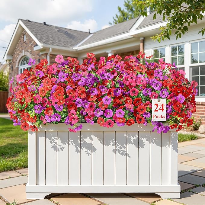 Alupssuc 24 Bundles Artificial Flowers for Outdoors Decoration, UV Resistant Silk Faux Daisy Flora Spring Fake Plastic Plants Greenery for Outside Indoor Yard Home Porch Window Box Decor, Mix 3 Colors
