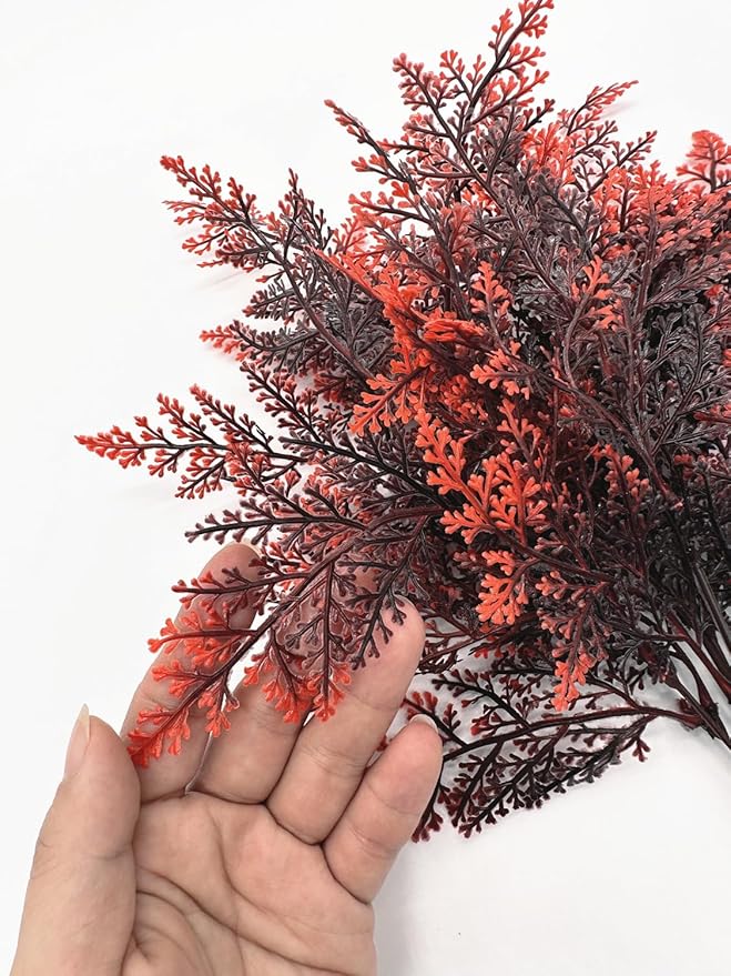 Artificial Fern Plants, Fake Shrubs Faux Boston Grass Plastic Leaves Greenery Bushes Home Garden Kitchen Party Decor Outdoor Indoor Office Yard Verandah Planter Filler DIY Decoration Red 4 Pack
