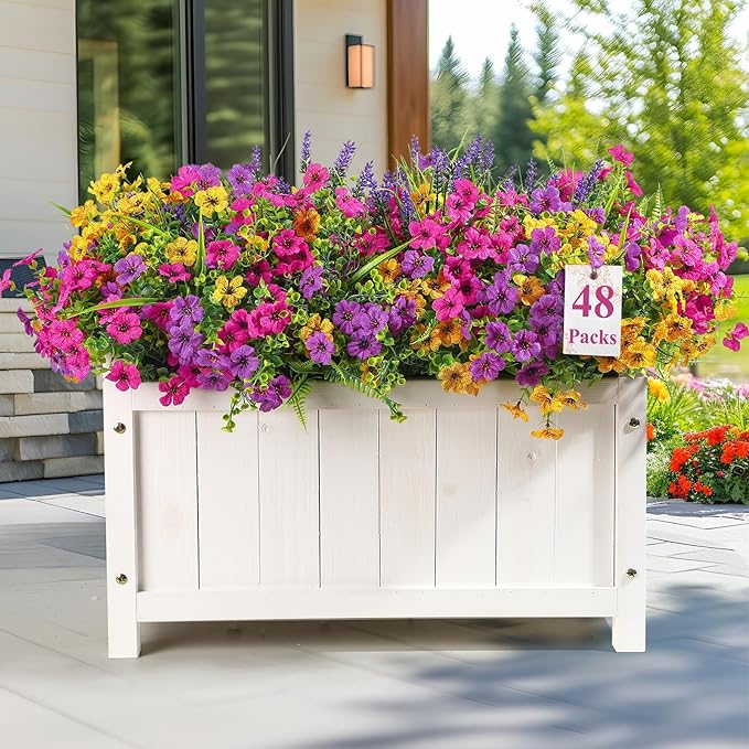 Alupssuc 48 Bundles Artificial Flowers for Outdoors Planters Spring Decoration, UV Resistant Faux Eucalyptus Violet and Lavender Silk Fake Plants for Outside Indoor Yard Home Patio Decor, Mix 3 Colors