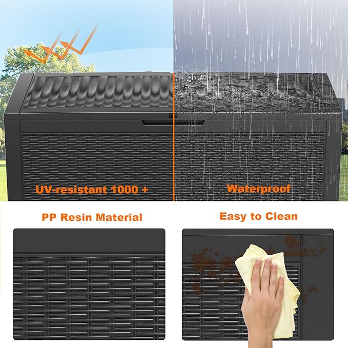 PatioZen 120 Gallon Resin Deck Box, Lockable Weatherproof Outdoor Storage Box for Furniture, Garden Tools and Tools Storage, Waterproof Outside Storage Boxes - Black