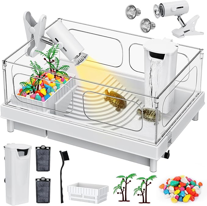 Turtle Tank Kit - Starter Aquarium with Light, Filter, Brush, Easy to Install & Clean, for Turtles, Crabs, Small Reptiles