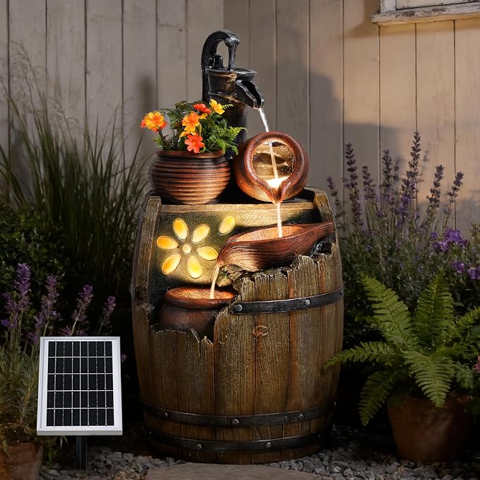 29" Tall Solar Water Fountain Outdoor Garden, 4-Tier Rustic Barrel Pump Solar Powered Water Fountain Cascading Waterfall with LED Lights for Patio, Backyard, Porch