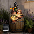 29" Tall Solar Water Fountain Outdoor Garden, 4-Tier Rustic Barrel Pump Solar Powered Water Fountain Cascading Waterfall with LED Lights for Patio, Backyard, Porch