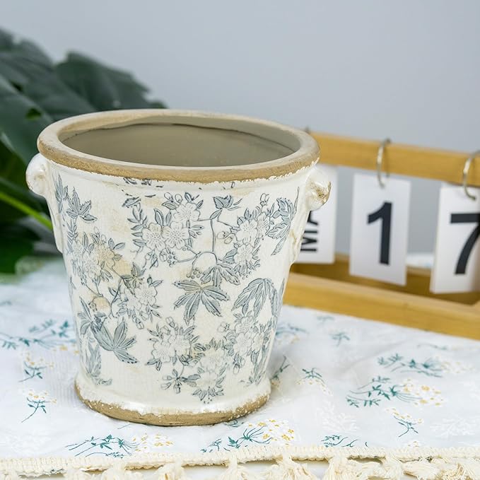 Dosayes Vintage Ceramic Flower Pot with Drainage Holes and Handle,Ice Crack Country Rustic Planters for Indoor Outdoor,Tuscan Decor,Home and Garden Decor,Gardening Present