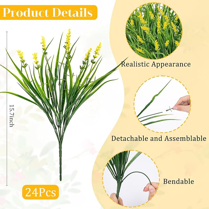 24 Bundles Artificial Plants Flowers Outdoor, Faux Lavender Flowers Fake Monkey Grass UV Resistant Plastic Plant for Porch Garden Patio Window Home Decor, Yellow