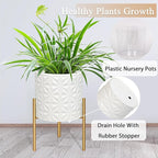 ARNIS Plant Pots with Stand, Set of 2 Indoor Planter Pots, Large Metal Planters with Stand, Mid Century Decorative Flower Pots with Drainage Hole and Gold Plant Stand, 8.25" & 10.5",Matte White