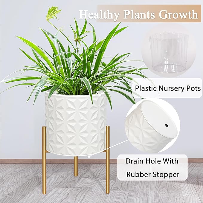 ARNIS Plant Pots with Stand, Set of 2 Indoor Planter Pots, Large Metal Planters with Stand, Mid Century Decorative Flower Pots with Drainage Hole and Gold Plant Stand, 8.25" & 10.5",Matte White