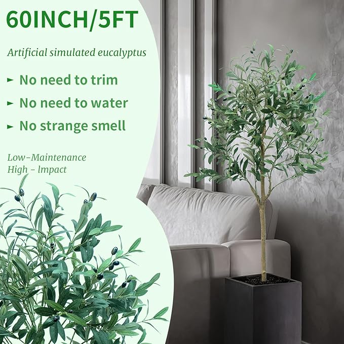 5FT Artificial Olive Tree,Artificial Plants Indoor,Faux Olive Tree Olive Trees Artificial Indoor with Natural Wood Trunk and Realistic Leaves and Fruits (5FT)