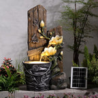 30.7" H Solar Water Fountain Outdoor Garden, Rustic Tiered Magnolia Flower & Bucket Waterfall with 4000mAh Battery Backup, Warm LED Lights & 5W Solar Panel for Patio, Porch, Backyard and Home Decor