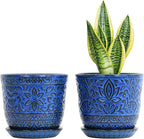 Gepege 6 Inch Ceramic Planter, Blue Plant Pot with Drainage Holes and Saucers for Indoor Plants, Birthday for Women Mom