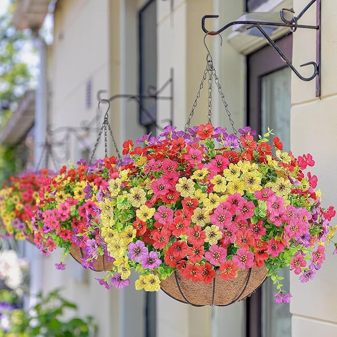 Artificial Flowers Hanging Plants in Basket,Artificial Hanging Flowers for Outdoor Indoor Decor,UV Resistant hanging Baskets with Fake Flowers for Spring Summer Patio Garden Porch Deck Home Decor