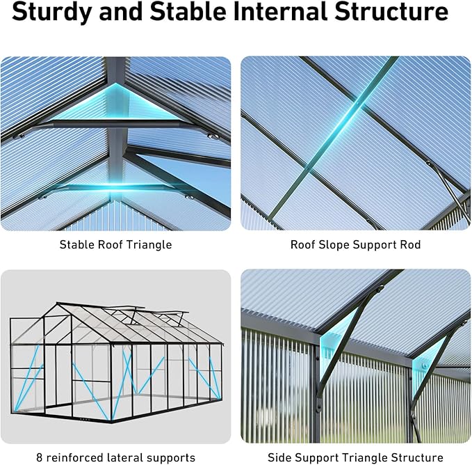 8x10FT Greenhouse Kits with Hygrometer, Polycarbonate Green Houses for Outside Heavy Duty with Aluminum Frame, Walk in Greenhouses with Drainage Channel Roof Vent for Backyard or Garden Use