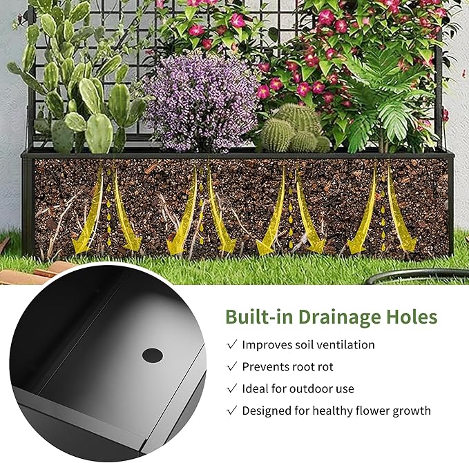 Privacy Planters for Patio – Metal Raised Garden Bed with Trellis and Privacy Screen, 71"×47.2"×16" Planter Box with Drainage Holes for Climbing Plants, Vegetables, and Vines, Outdoor Backyard Black