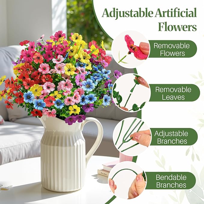 Alupssuc 48 Bundles Artificial Flowers for Outdoors Decoration, UV Resistant Silk Faux Floral Spring Fake Plastic Plants Greenery for Outside Indoor Home Yard Porch Window Box Decor(Upgrade 6 Colors)