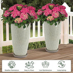 Set of 2 Lightweight Ceramic-Look Tall Planter, 21 inch Large Plastic Planter with Drain Hole & Saucers, Large Outdoor Planters for Porch, Garden, Patio, Balcony(Glaze Beige)
