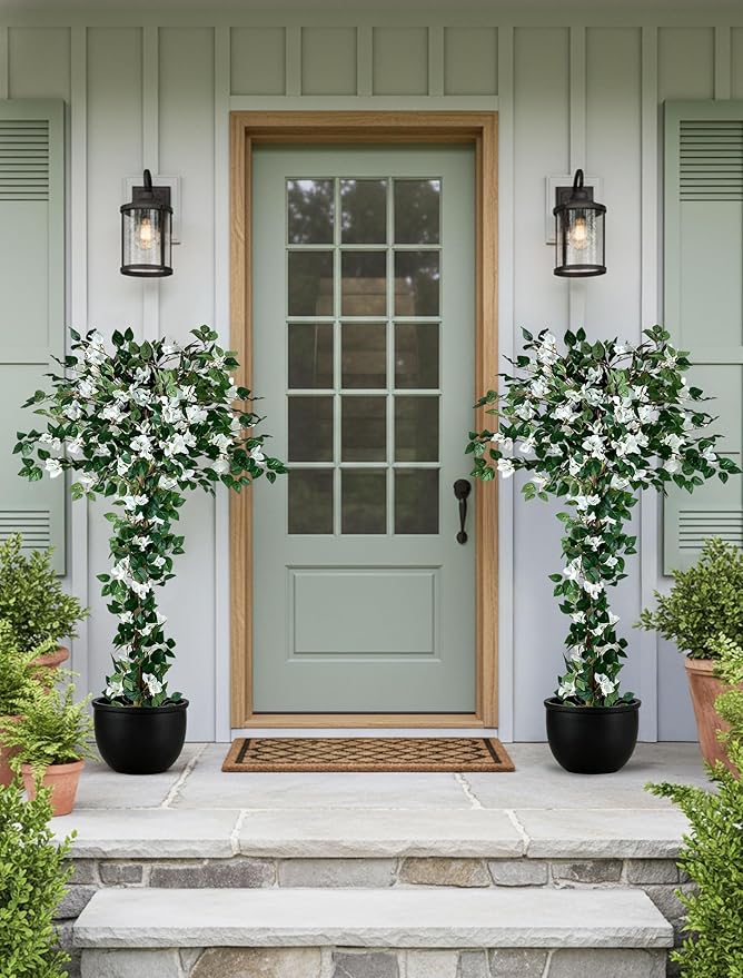 BLOSMON Bougainvillea Artificial Flower Tree: 5ft White Fake Flower Plant for Front Porch Decor - Faux Silk Floral Trees with Pot for Outdoor Garden Patio Indoor Home Office Floor Decoration