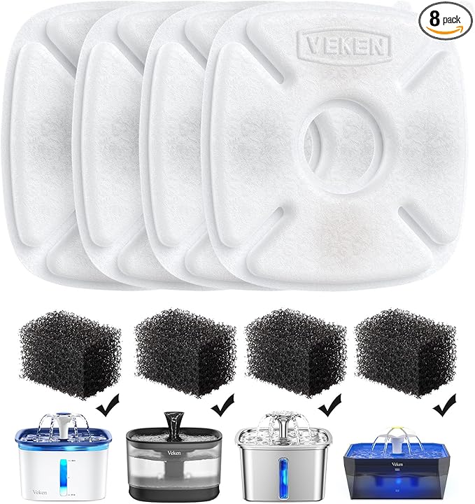 Veken Cat Water Fountain Filter, Classic 4 Pack Replacement Filters & 4 Pack Replacement Pre-Filter Sponges for 50oz, 84oz, 95oz or 108oz Automatic Pet Fountain Dog Water Dispenser