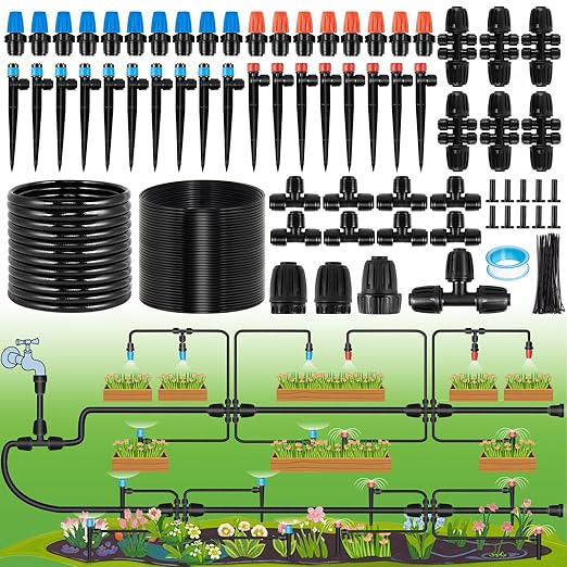 240FT Drip Irrigation System Kits - Automatic Garden Watering Sprinkler with 1/2 & 1/4 inch Tubing Hose Patio Misting Plant Irrigation Water Equipment Quick Connector for Greenhouse Flower Beds Lawn