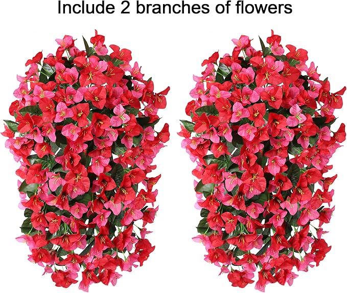 HyeFlora Bougainvillea Artificial Hanging Flowers Plants for Outdoors Decoration, 2pcs Fake Flowers Silk Bougainvillea Vines Realistic UV Resistant Faux Flowers for Outdoor Planters Porch Patio, Mix