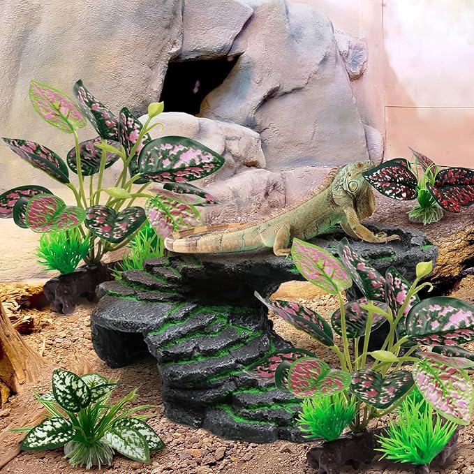 Moonorange Reptile Artificial Plants, Terrarium Plants Decorations Supplies, Aquarium Fish Tank Plant, Amphibian Habitat Hideout Tank Accessories(M Set-4pcs/A)