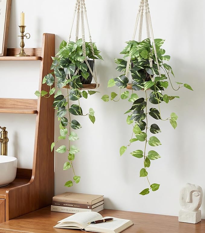 Fake Plants 2 Pcs Faux Pothos Plants Potted Indoor Artificial Hanging Plants Realistic Fake Greenery Table Desk Bathroom Office Bedroom Living Room Shelf Modern Farmhouse Decor Outdoor