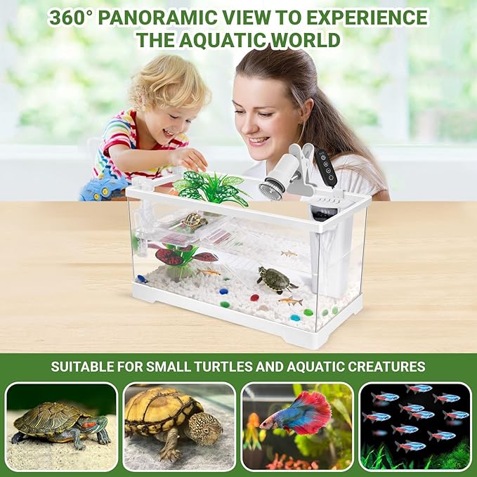 GOZILLA Aquatic Turtle Tank Kit+Lamp+Filter, Upgrade PC Turtle Tank Starter Kit with Adjustable Lamp & Filter,Reptile Habitat with Lid,Hanging Platform for Small Reptiles.(15.75×7.9×9''/White Kit)