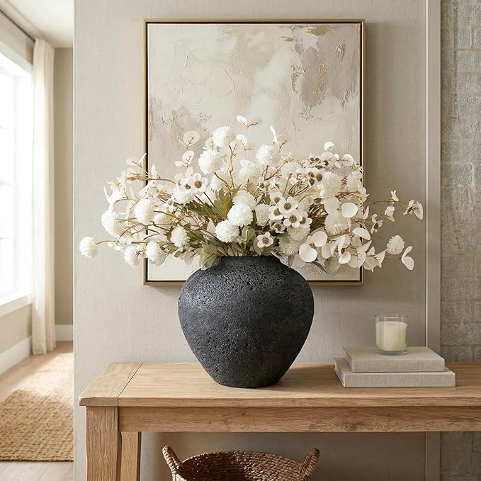 20pcs White Artificial Flowers Bulk For Vase That Look Real, White Flower Centerpiece For Table, Silk Floral Home Decor Indoor, Faux Kiku + Eucalyptus Stems + Wildflowers, Flores Blancas Artificiales
