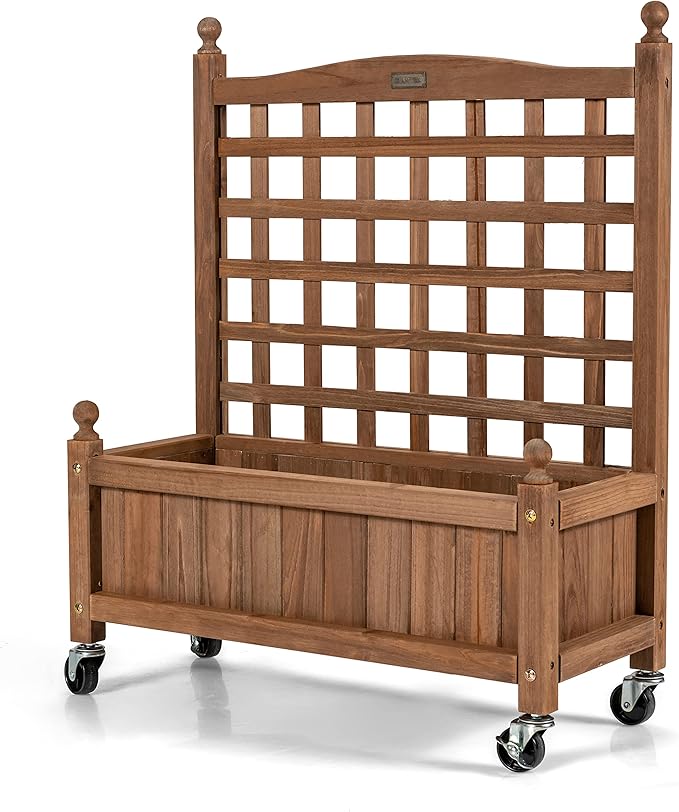 Giantex Mobile Plant Raised Bed, Wood Planter with Lattice Trellis and Wheels, Flower Box for Plant Climbing, Vertical Garden for Balcony Patio Yard (1, 25"x 11"x 32.5")