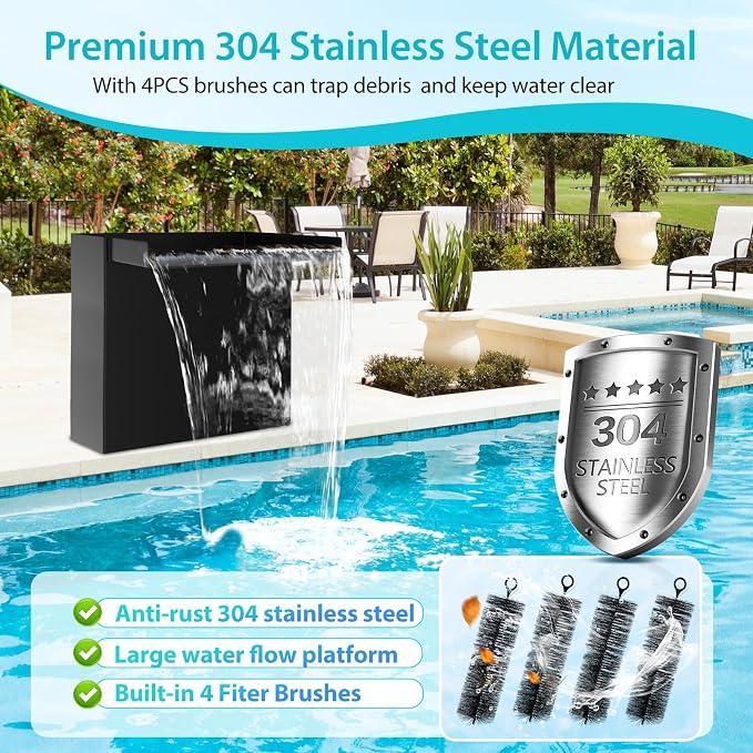 POPOSOAP 70W Solar Pond Waterfall Spillway Kit, 304 Stainless Steel Pondless Waterfall Box with 10FT Corrugated Tubing, 4 Pcs Filter Brushes, 580GPH Solar Powered Water Pump for Garden Ponds