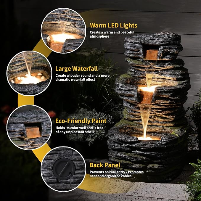 3 Tier Cascading Rock Water Fountain Outdoor Garden,28.74" H Natural Look Outdoor Fountains and Waterfalls with LED Lights for Patio, Deck, Porch, Backyard, Outside and Indoor Home Decor