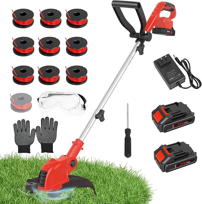 21V Cordless String Trimmer & Edger, 12" Auto-Feed Grass Cutter with 2.0Ah Battery & Fast Charger, 2-in-1 Electric Weed Wacker Lawn Tool for Yard Garden Maintenance-Red