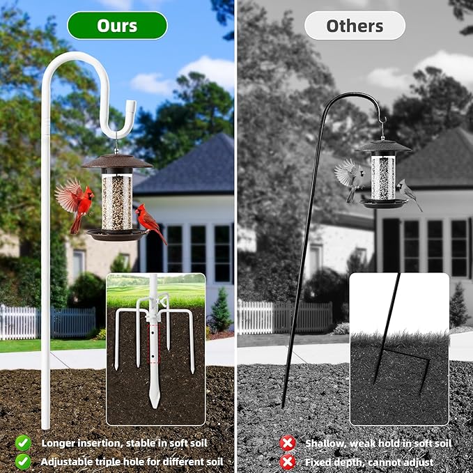 78" White Shepherds Hooks for Outdoor, Bird Feeder Pole with 5 Prong Base, Adjustable Height Shepherds Hook for Hummingbird Feeder, Bird Feeder, Lightweight Plant, Wind Chimes, Lanterns (1 Pack)