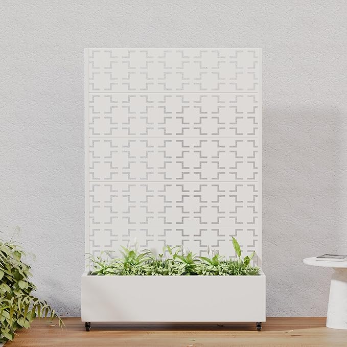 Casaphoria Metal Raised Garden Bed with Trellis and Wheels, 72"x47"x16" Arched Planter Box for Climbing Plants, Vegetables & Vines, Features Drainage Holes and Privacy Screen, White-Square