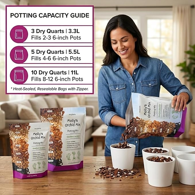Molly's Orchid Potting Mix - Premium Gritty Soilless Orchid Mix - Chunky High Drainage vs Standard Potting Soil for Indoor Plants - Contains Bark, Coco Chips, Akadama, Pumice, Lava Rock 5 Dry Quarts