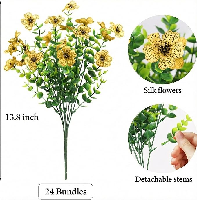 ATTGREAT Artificial Flowers Outdoor Faux Plants UV Resistant Fake Patio Flowers Plastic Greenery Plnats Outside Bulk for Spring Garden Hanging Planter Home Vase Decor, 24 Bundles (Yellow)