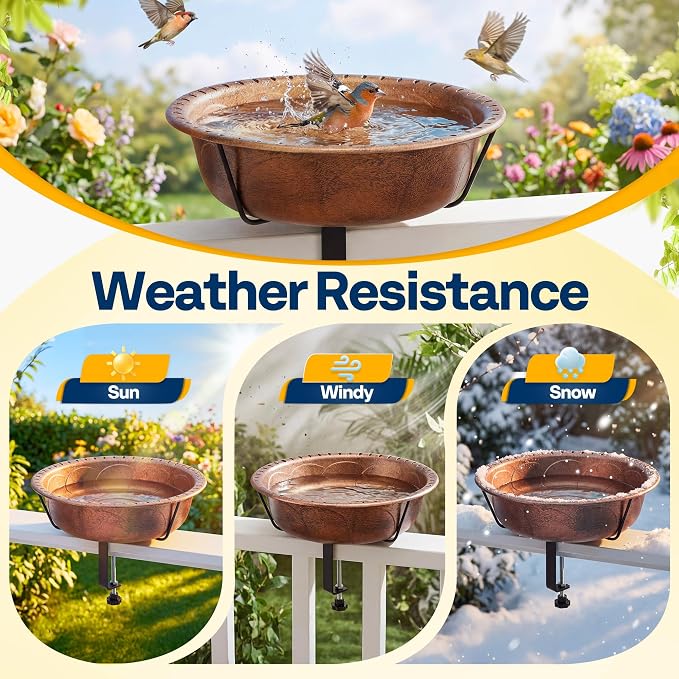 VIVOHOME Deck Mounted Bird Bath for Outside, Weather-Resistant ABS Bird Bath and Feeder with Adjustable Metal Clamp for Railing, Fence, Balcony, 1.45 Gallons, Bronze