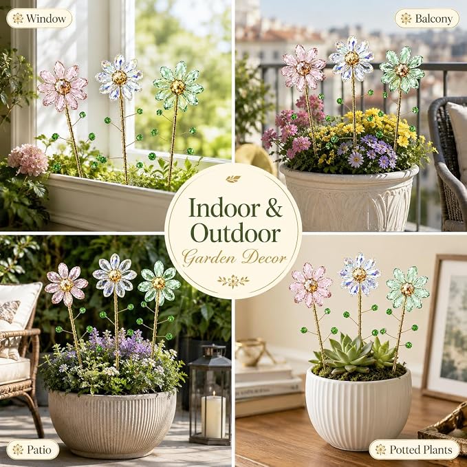 Crystal Flower Suncatchers for Outdoor Garden Potted Plants Decorations, Window Sun Catchers Crystals Rainbow Maker Light Catcher Indoor Outdoor Garden Decor