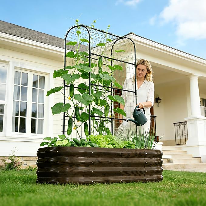 DoCred 2 in 1 Galvanized Raised Garden Bed, 2Pcs Garden Planter Box with 71" H Trellis for Climbing Plants, Outdoor Gardening Raised Beds with Climbing Net for Fruits, Vegetables, Flower (Wood Grain)
