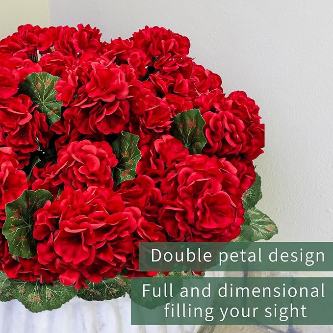 6 Bundles Artificial Geranium Flowers for Outdoors, Realistic Silk Geraniums Fake Flowers UV Resistant Faux Plants for Porch Front Door Planter Patio Balcony Outside Decor (Red)