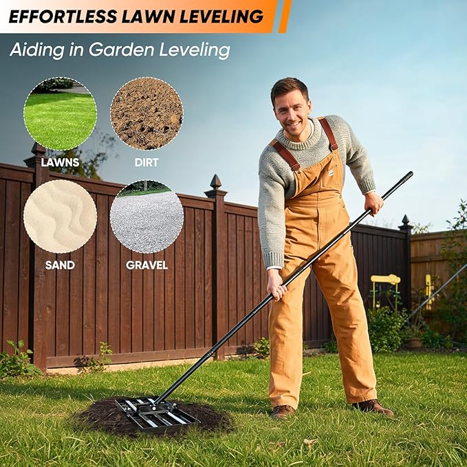 Saker Lawn Leveling Rake 30x10 Inch, Lawn Leveler Tool with 73-Inch Stainless Steel Handle, Heavy Duty Landscape Rake for Yard, Garden, Farm, and Golf Course - Black