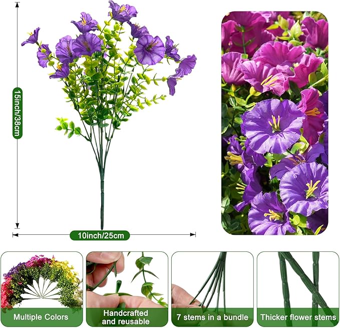 Fanfantoey Artificial Flowers for Outdoor, UV Resistant Fake Plants Outside Decoration, 14 Pcs Realistic Silk Morning Glory Faux Flowers for Porch Patio Gardens Home Decor(Purple)