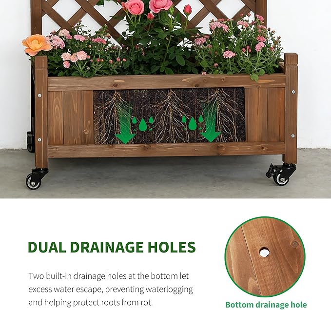 2 Pcs Wooden Planter Boxes with Trellis: Four Universal Wheels for Easy Mobility, 37.6" H x 27.5" W x 13" D,Perfect for Outdoor Climbing Plants on Patios, Balconies & Gardens