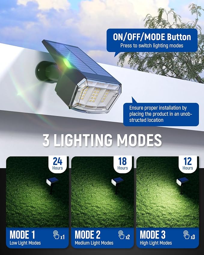 AUDERWIN Solar Spot Lights Outdoor 63 LED 3 Lighting,Waterproof IP65 Modes Spotlights for Outside House Yard Garden Landscape Lights 3 Pack (Natural Light)
