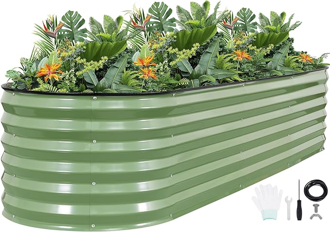 G GOOD GAIN Raised Garden Beds - 8x2x1.4ft Galvanized Planter Boxes Kit with Protective Tape & Gloves & Tools | Oval Metal Outdoor Raised Bed for Gardening Vegetables, Fruits, Flowers, Herbs, Oliver