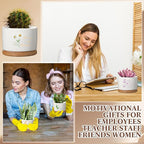 Funnymoom 6 Pcs Inspirational Succulent Pot Bulk Teacher Appreciation Gift Floral Ceramic Planter with Bamboo Tray Thank You Gifts for Volunteer Coworker Employee Office, Plant Excluded (Classic)