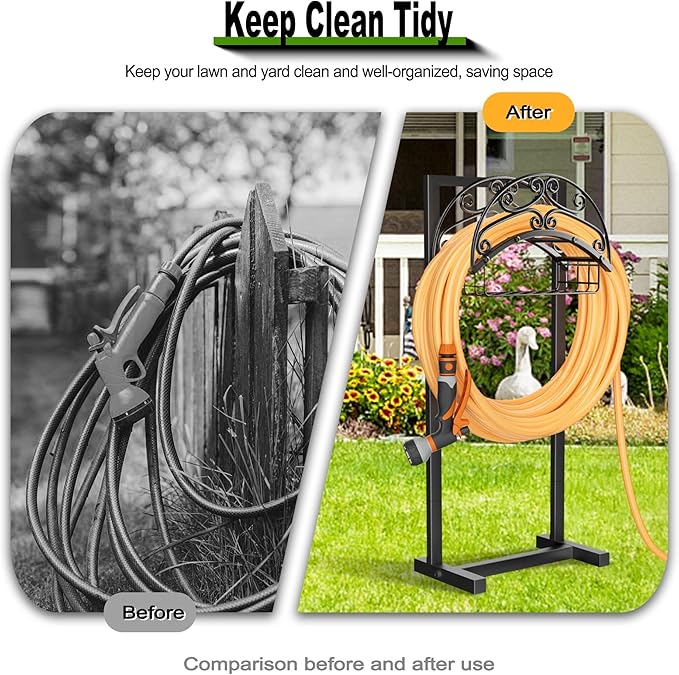 Gayuteay Garden Hose Holder – Water Hose Reel Stand with Storage Basket Holds 151ft, Heavy Duty Freestanding Garden Hanger Storage Rack for Outside Yard Lawn Farm