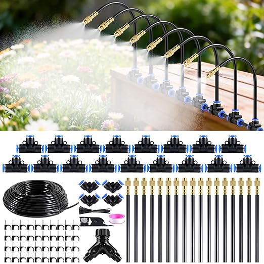 100FT Drip Irrigation System,Garden Watering System with 17 Copper Nozzles&1/4" Tubing, 360° Adjustable Irrigation System for Garden,Automatic sprinklers for Yard,Raised Beds&Greenhouse
