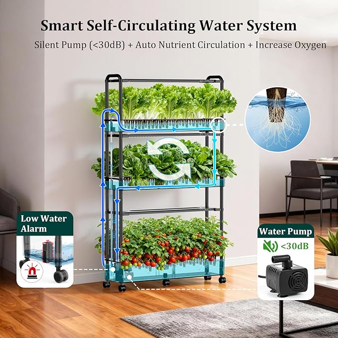 Growell 90-Pod Hydroponics Growing System, Large Vertical Hydroponic Garden with Smart Full-Spectrum Grow Lights, Auto Circulating Water, Mobile Indoor Gardening System for Herbs, Vegetables & Fruits